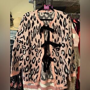 DAVI & DANI Pink Leopard Cardigan with Black Bows
